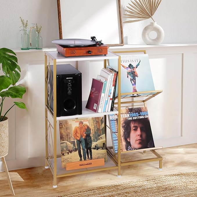 Record Player Stand with Vinyl Record Storage, Turntable Stand with 2-Tier Vinyl Display Shelf & Metal Frame, Vinyl Holder for Living Room, Gold & White