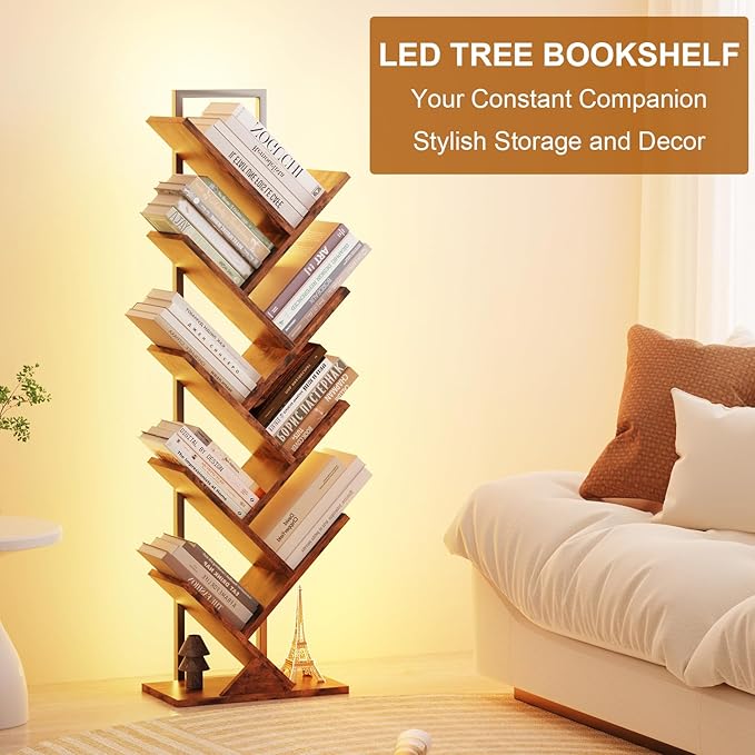 Tree Book Shelf with LED Lights, 9 Tier Floor Standing Bookcase, Classical Corner Shelf Kids Bookshelf, Tall Wood Book Storage for Bedroom, Living Room, Home Office, Brown