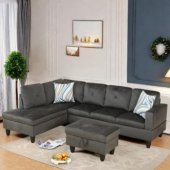L Shaped Sectional Couch with Otttoman, 97" Sectional Sofa for Living Room Flannel Modular Couches with Cup Holders for Bedroom, Apartments, Grey