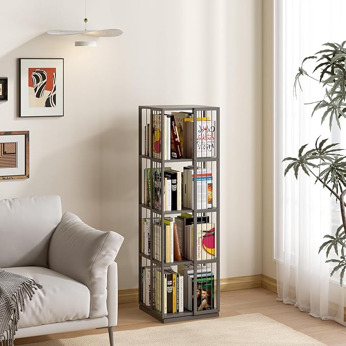 Square Rotating Bookshelf Tower - 360 Spinning Display Corner Bookcase for Narrow Space, Modern 4-Tier Revolving Storage Shelf, Black