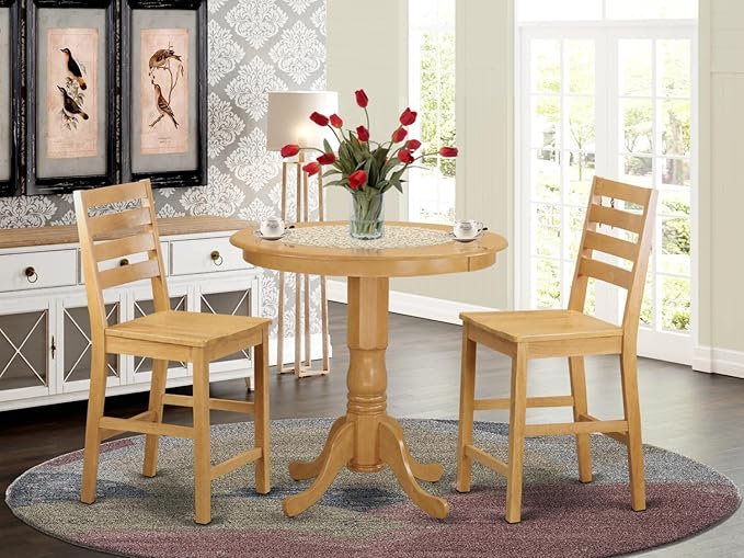 East West Furniture JACF3-OAK-W 3 Piece Counter Height Dining Set for Small Spaces Contains a Round Wooden Table with Pedestal and 2 Kitchen Chairs, 36x36 Inch, Oak
