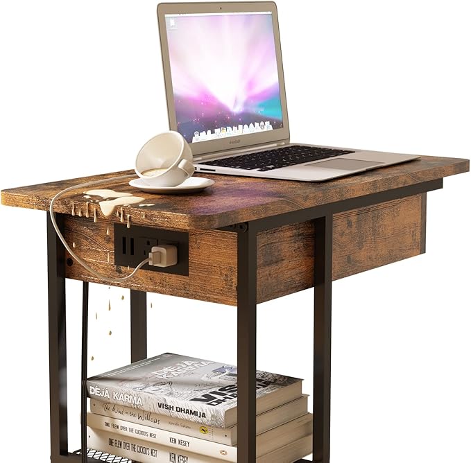 LIDYUK C Shaped End Table with Charging Station, Flip Top Side Table with USB Ports and Outlets, C Table Sofa Table with Storage Shelf for Living Room, Bedroom, Brown