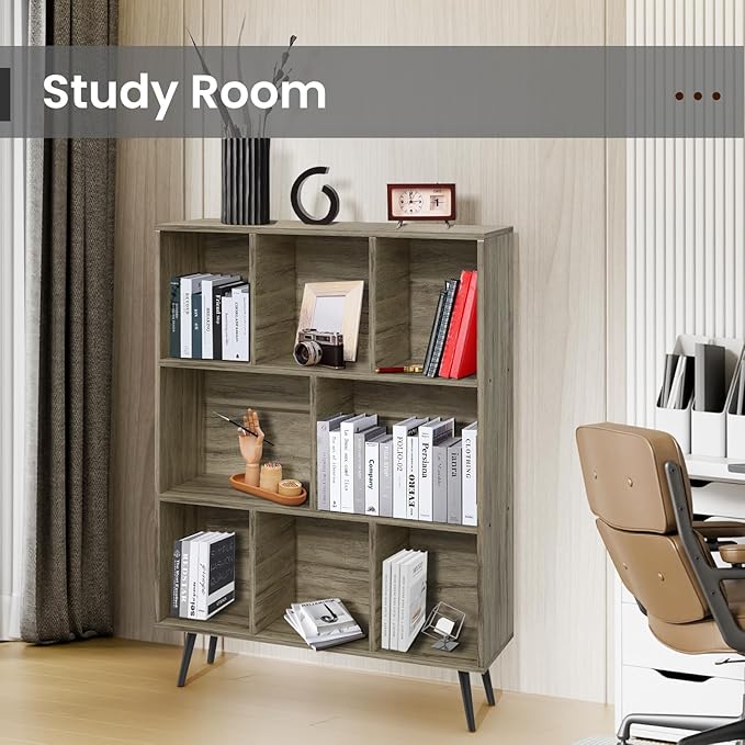 Bookshelf, 3-Tier 8 Cube Open Wooden Book Shelf with Legs, Floor Standing Office Bookcase, Wooden Bookcase for Office Furniture, Cubby Storage Organizer for Living Room/Bedroom