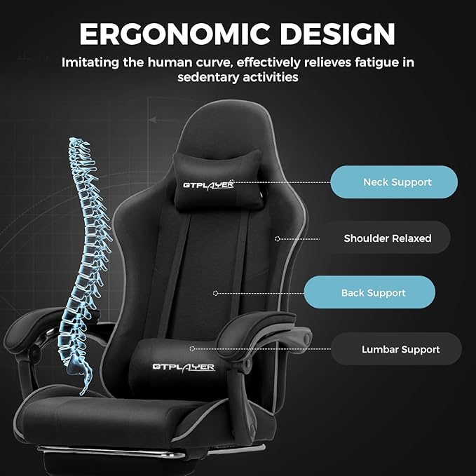 GTPLAYER Gaming Chair with Footrest, Computer Chair with and Lumbar Support, Height Adjustable Game Chair with 360°-Swivel Seat and Headrest and for Office or Gaming (All Black-Fabric)