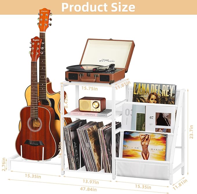 LELELINKY Record Player Table,Adjustable Guitar Stand for Acoustic Guitar, Electric Guitar, Bass, White Turntable Holder with Vinyl Storage Up to 150 Albums, Side Table with Magazine Periodical Rack