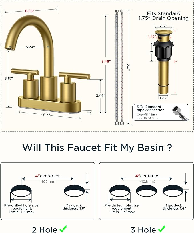 FORIOUS 4" Brushed Gold Bathroom Faucet Centerset 4 Inch, 2 Handle 2 Hole Gold Faucets for Bathroom Vanity wtih Metal Pop Up Dain, CUPC Supply Hose, High Arc Swivel Spout
