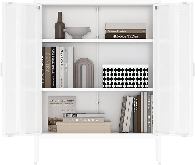 Manhattan Comfort Naomi Modern Metal Accent Cabinet, Minimalist Storage Cabinet with Doors & Adjustable Shelves, Vented Doors, Sturdy Steel Build, Versatile & Multi-Purpose Home Furniture, White