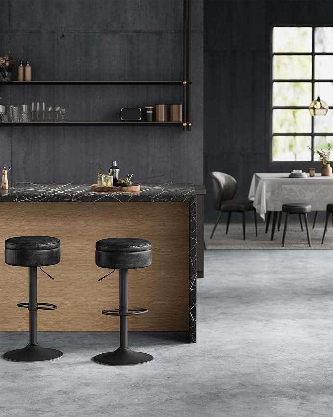 VASAGLE EKHO Collection - 360° Swivel Bar Stool, Height Adjustable Barstool with Storage, Synthetic Leather with Stitching, Mid-Century Modern, Kitchen Bar, Easy Assembly, Ink Black