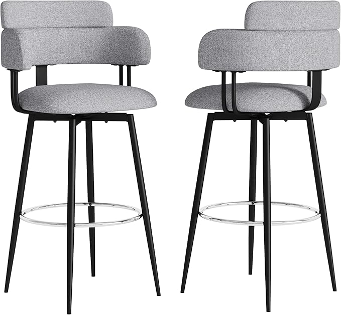 Swivel Bar Stools Set of 2, Counter Height Bar Stools with Ergonomic Full Back, Upholstered Linen Fabric Barstools with Chrome Metal Footrest for Kitchen Island, Dining Room
