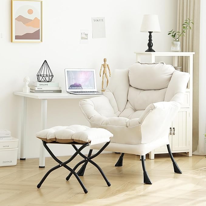Lazy Chair with Folding Ottoman, Modern Accent Lounge Armchair with Armrests and a Side Pocket & Foldable Footstool, Leisure Reading Chair for Living Room, Bedroom, Dorm & Office, Beige