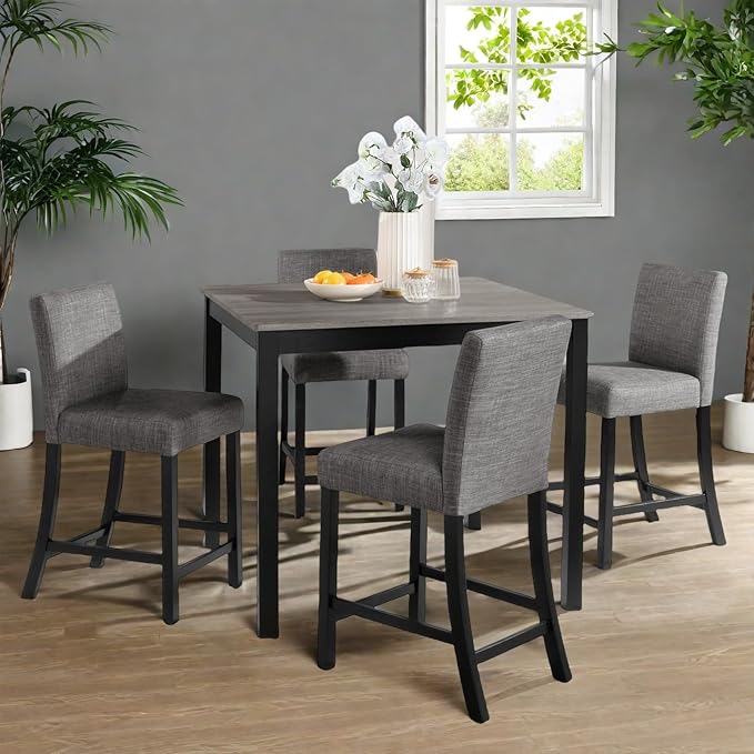 Dining Table Set for 4, 5-Piece Kitchen Table & Chairs Set with Square Wooden Table & 4 Upholstered Chairs, 35.5'' Dinner Set with Solid Wood Legs & Curved Backrest for Kitchen, Black