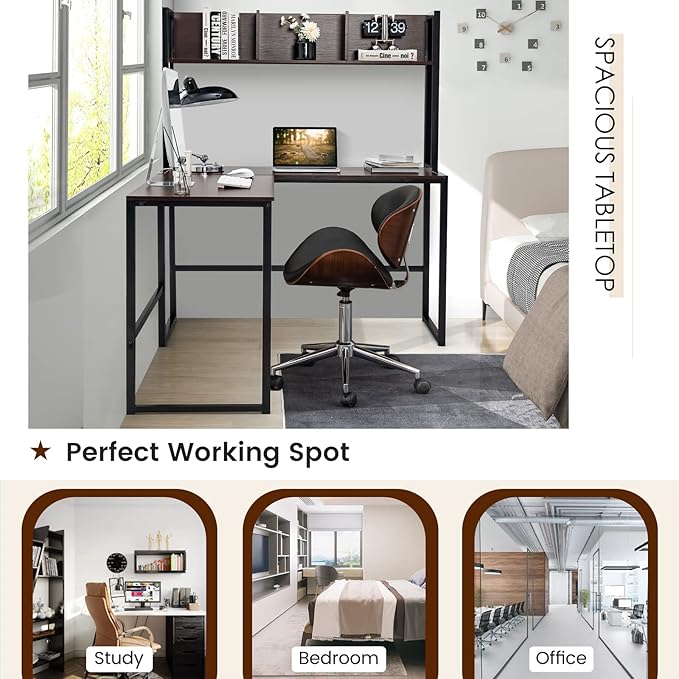 Tangkula Reversible L-Shaped Desk with Hutch, Space Saving Corner Computer Desk with Storage Shelves, Home Office Study Writing Desk Computer Workstation with Storage Bookshelf, Gaming Desk