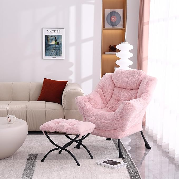 Lazy Chair with Folding Ottoman, Modern Accent Lounge Armchair with Armrests and a Side Pocket & Foldable Footstool, Leisure Reading Chair for Living Room, Bedroom, Dorm & Office, Plush Pink