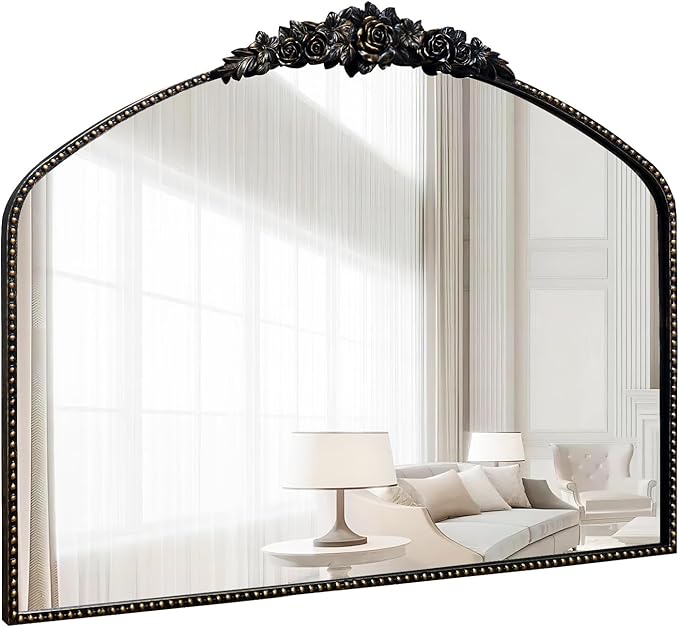 Black Brushed Gold Antique Mirror, 40"x31", Traditional Vintage Mirror with Ornate Metal Frame, Baroque Style for Fireplace, Entryway, Bathroom, Living Room, Hallway