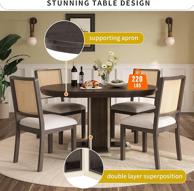 Ball & Cast Farmhouse Extendable Dining Table for 4-6, 42"-58" Extendable Kitchen-Table with a 16" Leaf, Round Ellipse Retro Wood Dining Room-Table w/Double Layer Base,Two Tone Color, Espresso