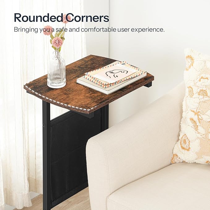 HOOBRO C Shaped End Table Set of 2, Small Side Table for Couch with Storage Bag, Slide Under Sofa, for Small Place, Sturdy Frame, Living Room, Bedroom, Rustic Brown and Black BF40SFP201