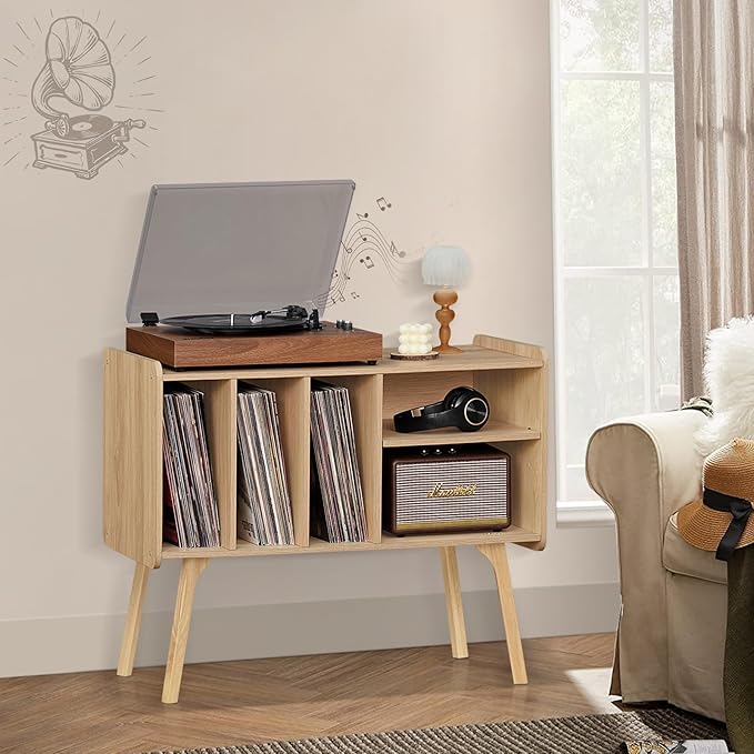 Lerliuo Record Player Stand with 4 Cabinet Holds Up to 220 Albums, Large Stand with Beech Wood Legs, Mid-Century Record Player Table,Burlywood Vinyl Holder Storage Shelf for Living Room