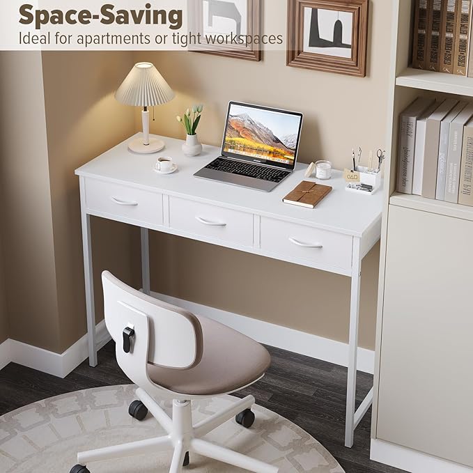 WOHOMO Small Computer Desk with Drawers, 39.3 Inch Vanity Desk with Storage, Home Office Computer Desk for Small Spaces, Modern Work Writing Study Table, White