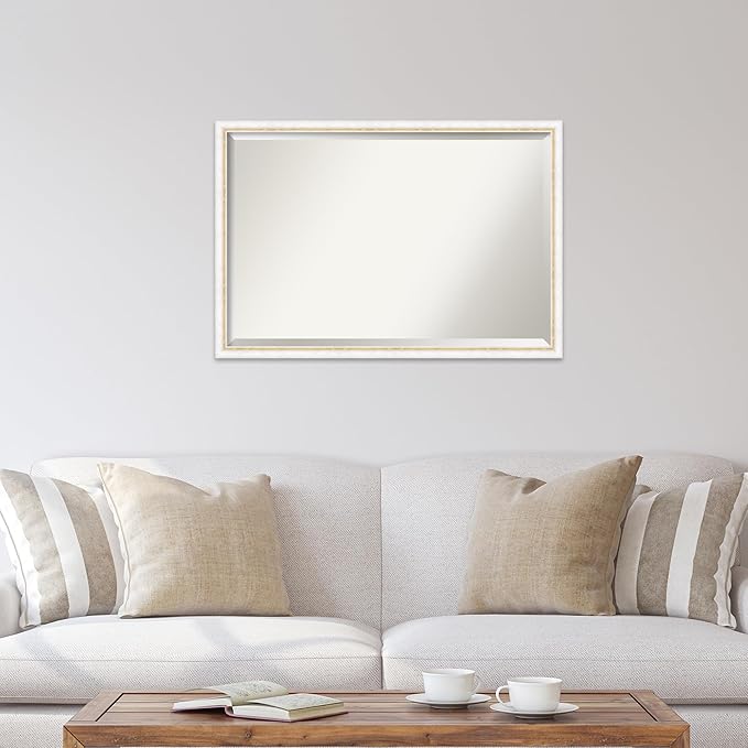 Amanti Art White Bathroom Mirror for Over Sink, 26x38 Morgan White Gold Rectangle Vanity Mirror, Large Modern Contemporary Wood Frame, Hangs Horizonally and Vertically, Bathroom Wall Decor, Beveled