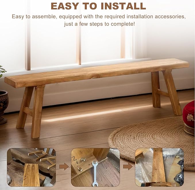Farmhouse Solid Wood Bench: Long Rustic Indoor Narrow Wooden Bench for Entryway,Living Room, Dining Room,End of Bed,Hallway (55" Lx10 Wx18 H)