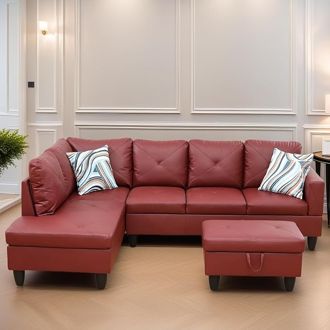 Leather Sectional Couch, Modern L Shaped Couches for Living Room, Comfy 4 Seat Modular Sectional Sofa with Ottoman Storage for Bedroom Apartment, Red