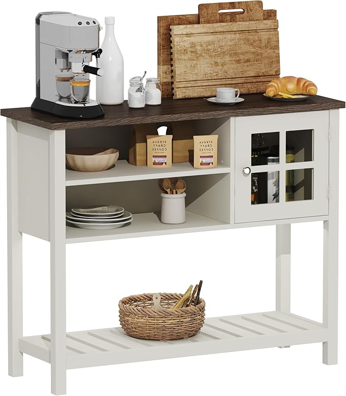 ChooChoo Farmhouse Coffee Bar Cabinet, Buffet Cabinet with Storage, Sideboard Buffet with Glass Door, Console Table for Kitchen, Hallway, Entrance, White