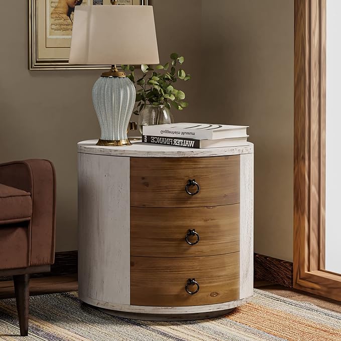 COSIEST Bedside Table Set of 2, Wood Nightstand 3 Drawers, Farmhouse Round End Table with 3 Drawers, Dresser with Drawers for Bedroom, Living Room