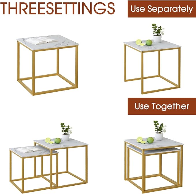 Garden 4 you Coffee Table Set of 2, Modern Engineered Wood Nesting Table, Metal Frame Square Center Table Set, Side Tables, Nesting Coffee Table for Living Room, Bedroom and Small Spaces, 19.7in Gold