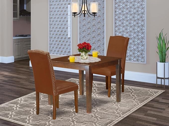 East West Furniture OXEN3-MAH-66 3 Piece Kitchen Table Set for Small Spaces Contains a Square Dining Room Table and 2 Brown Faux Faux Leather Upholstered Chairs, 36x36 Inch, Mahogany
