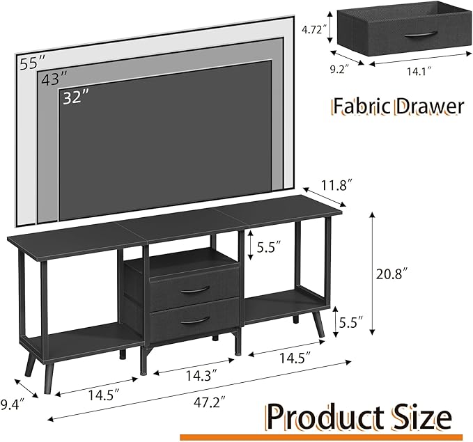 Small TV Stand with Fabric Drawers/LED Light for 55 inch TV, Entertainment Center with Storage Open Shelves,Media Console Table for Living Room, Bedroom, Black