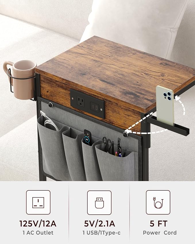 C Shaped End Table with Charging Station, Small TV Tray with Cup Holder and Phone Holder, Couch Side Tables that Slide Under with Storage Bag for Sofa, Recliner, Rustic Brown