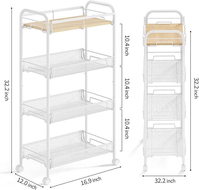 KINGRACK Metal Wide Rolling Cart, 4-Tier Metal Utility Cart, Storage Cart with Wooden Tabletop, for Laundry Bathroom Kitchen Room Bedroom Apartments Dormitory (Pure White, Wide)