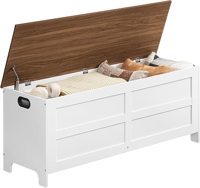 Storage Chest, 47.2” Large Toy Chest, Entryway Storage Trunk, Storage Bench with Safety Hinge, Entrance Bench for Living Room, Entrance, Bedroom, White+Walnut SCBZ48901
