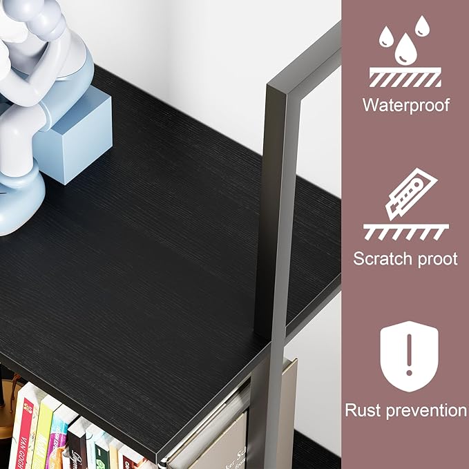 Ladder Shelf 4 Tiers Metal Industrial Bookshelf,Black Wooden Tall Open Storage Rack and Display Shelves,Wall Mount Wide Book Case for Home Office Bedroom,Small