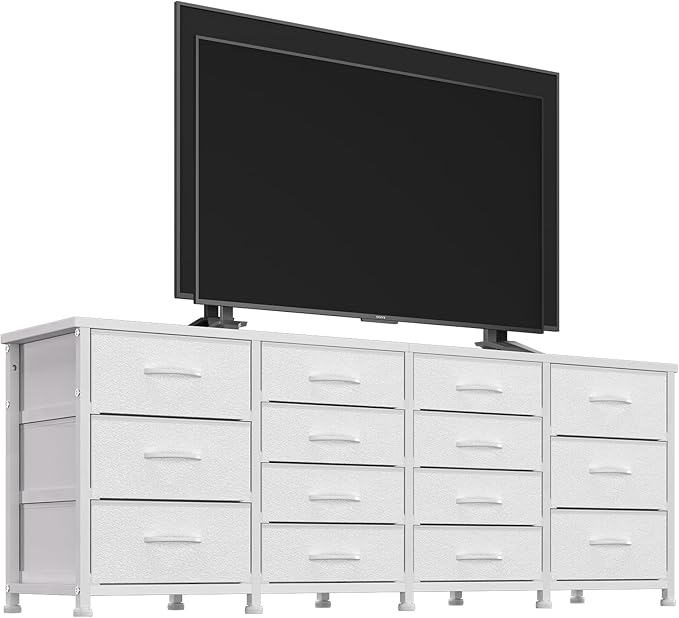 63 Inch TV Stand Dresser for Bedroom, Long White Dresser with 14 Fabric Drawers for 65 70 75 Inch TV, Entertainment Center with Storage Media TV Console Table