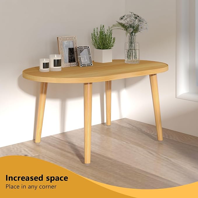 Oval Coffee Table Low Table with 4 Solid Wood Sturdy Legs, Floor Table Desk for Sitting on The Floor, Storage and Living Room Furniture (Natural)