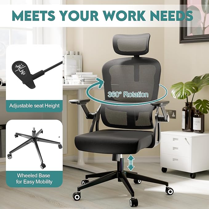 Office Chair Ergonomic Desk Chair with Lumbar Support&Headrest&Flip-up Arms Height Adjustable Rocking Swivel High Back Computer Chair Warm Taupe Mesh Study Chair (05Black)