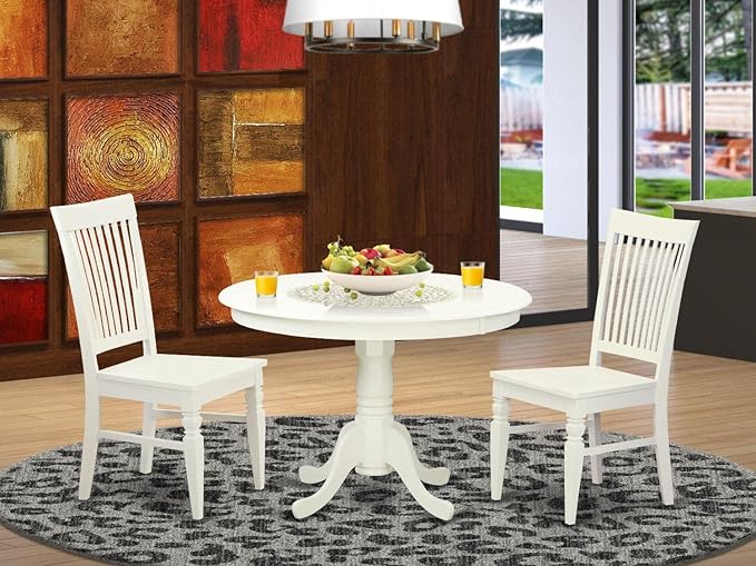 East West Furniture HLWE3-LWH-W 3 Piece Dinette Set for Small Spaces Contains a Round Dining Table with Pedestal and 2 Kitchen Dining Chairs, 42x42 Inch, Linen White