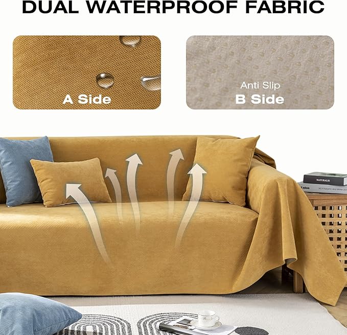 STACYPIK Waterproof Yellow Sofa Cover for Dogs, Non-Slip Anti-Scratch Couch Cover for Loveseat, Pet Protector for 2 Cushion Couch,L Shaped Couch for Sectional, Washable Furniture Bed Cover-71X118IN