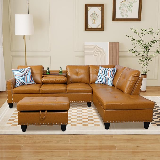 L Shaped Modular Sectional Sofa with Reversible Chaise Lounge, 5-Seater Corner Couch, PU Leather Convertible Sofá w/Movable Ottoman, Cup Holders, 2 Pillows and Rivet Ornament for Living Room