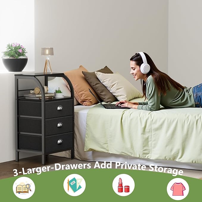 Night Stand Nightstand with Drawer Black Nightstands Storage Night Stands 3 Drawers Bedside Dressers Table Open Shelves Bed Side End Tables for Bedroom Living Room Furniture Small Table Fabric Cabinet