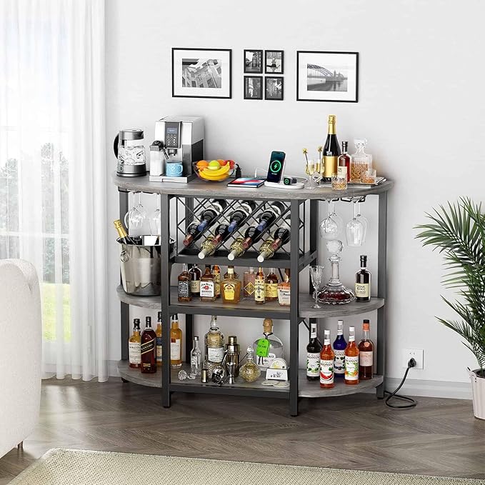 Zarler Bar Cart with Power Outlet Easy to Assemble, LED Home Bar Cabinet for Liquor, 47.3" L x 15.8" D x 36" H Metal Mini Bar Table with 4-Tier Storage, Grey