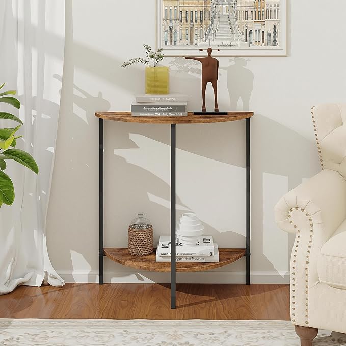 Homode Half Moon Table, Small Entryway Table, Half Round Entry Table, Narrow Half Circle Console Tables for Small Spaces, Hallway, Wood Front Entrance Tables, Rustic Brown and Black