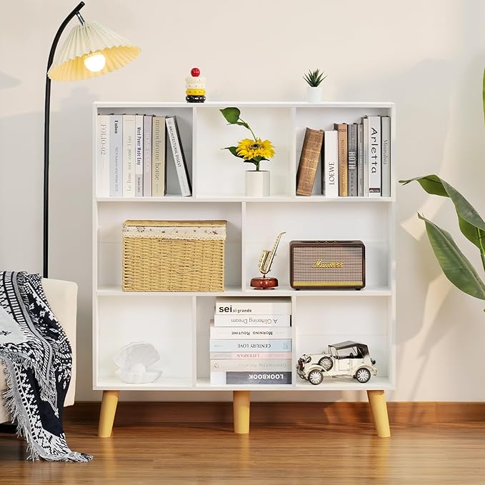 YAHARBO 8 Cube White Bookshelf,3 Tier Book Shelf with Legs,Modern Minimalist Bookcase,Open Book Shelves Storage Organizer,Frees Standing Wooden Display Bookcases for Small Space,Bedroom,Living Room