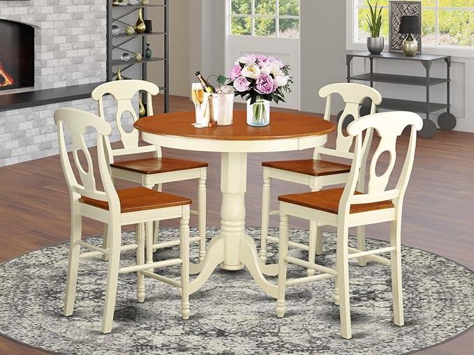 East West Furniture JAKE5-WHI-W 5 Piece Kitchen Counter Height Dining Table Set Includes a Round Wooden Table with Pedestal and 4 Dining Chairs, 36x36 Inch, Buttermilk & Cherry