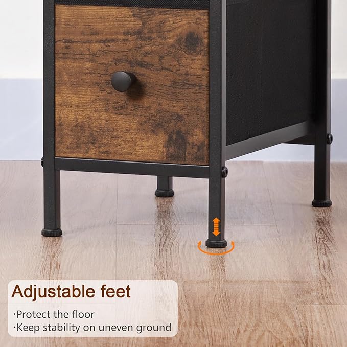 Narrow End Table Living Room with Charging Station, Skinny Side Table with Fabric Drawers, Slim Nightstand for Bedroom, Small Spaces, Couch, Brown, HETNDP02BR-1
