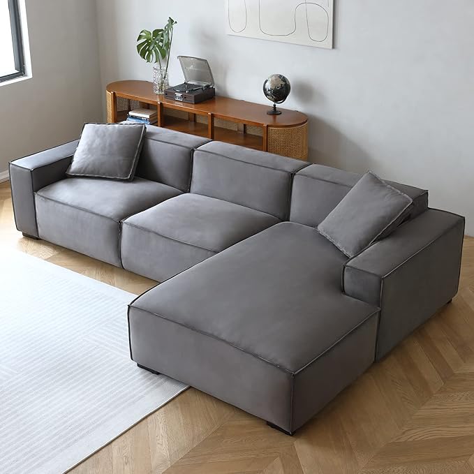 Acanva Modern L-Shaped Deep Sectional Sofa Furniture Set for Living Room Lounge, Minimalist Style Comfy Suedette Upholstery Corner Couch with Chaise, Dark Grey