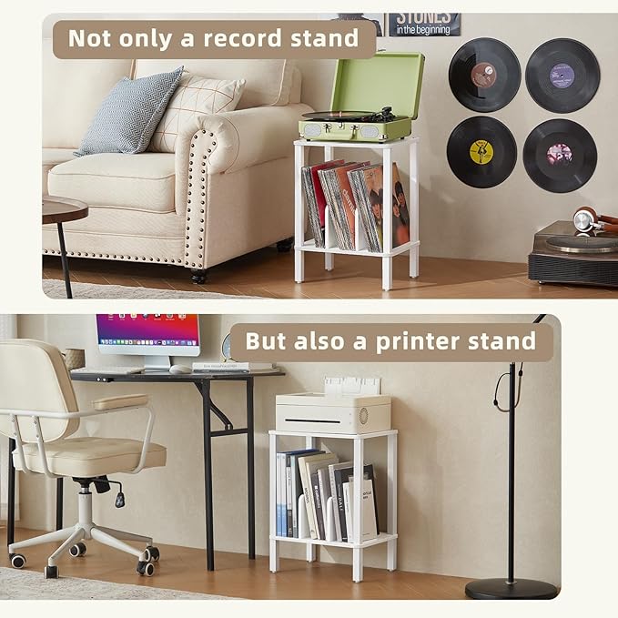 LELELINKY 2-Tier Bamboo Record Player Stand Set of 2 with Vinyl Record Storage up to 100 Albums, Boho Bedroom Record Holder and Multi-Functional End Table for Living Room, White