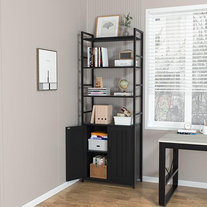 Black Bookshelf with Doors,70" Tall Bookcase with Storage Cabinet,6 Tier Book Shelf for Living Room/Bedroom/Office/Kitchen,70"(H)*26"(L)*11.8"(W)