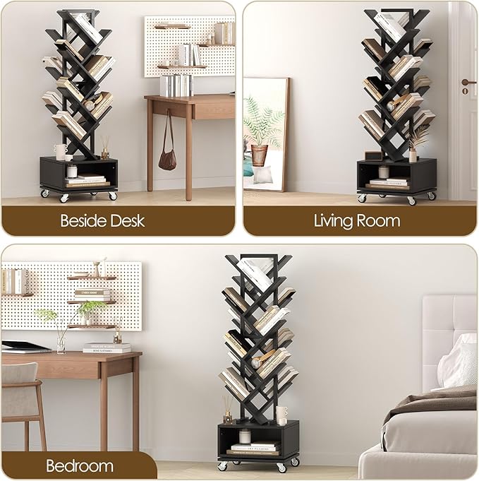 7 Tier Double Sided Rotating Tree Book Shelf, Floor Standing Wood Bookshelf with Adjustable Wheels for Narrow Space, with Storage Cabinet for Books/CDs/Magazine, Black